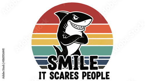 Smile It Scares People - Funny Tough Shark Retro Sunset Graphic Illustration