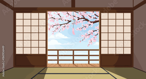 Serene view from a traditional Japanese room with tatami mats and shoji doors looking out at a blooming cherry blossom tree.
