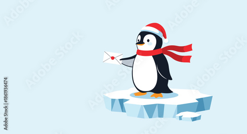 Festive penguin character wearing a red Santa hat and scarf standing on an ice floe and holding a white letter envelope.