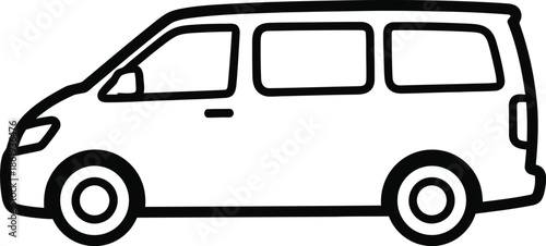 A simple black and white outline illustration of a passenger van or minivan for transportation