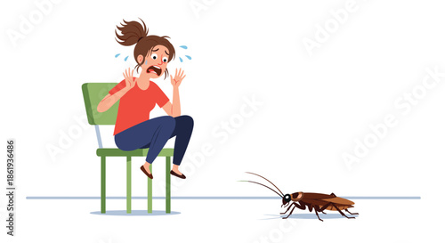 Terrified woman sitting on a chair and sweating with fear while looking at a large cockroach on the floor in front of her.