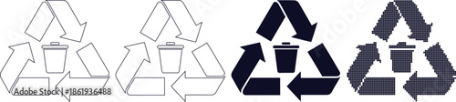 Recycling symbols with trash cans in various line styles and colors