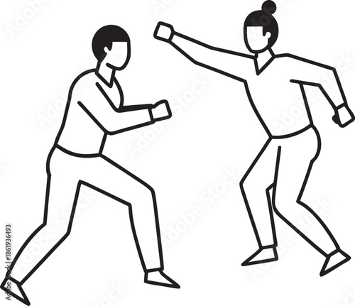 Two people in a dynamic pose, one throwing a punch, in a minimalist line art style
