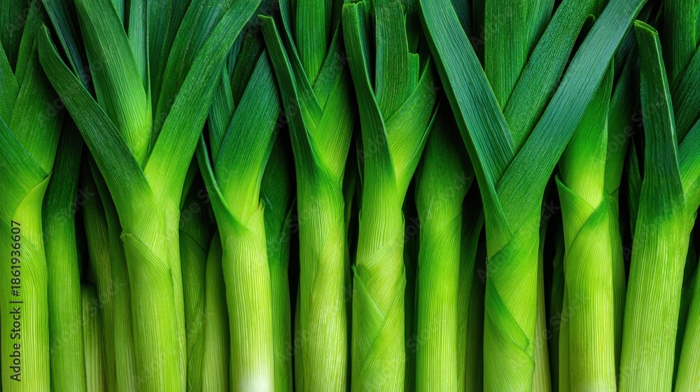 Fototapeta premium Fresh green leeks close-up with lush leaves and stalks.