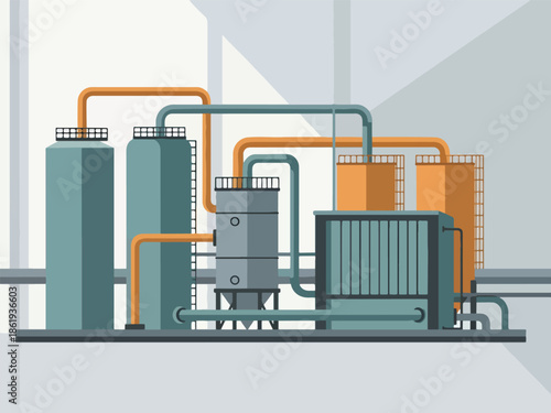 Stylized illustration of industrial tanks piping and machinery in a facility