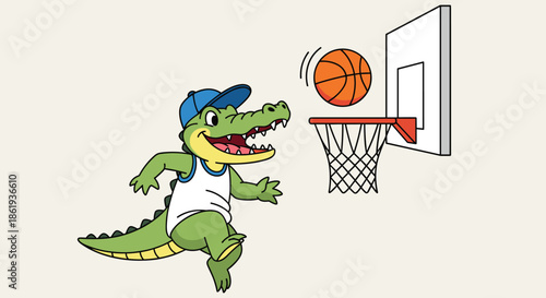 Cool crocodile character wearing a basketball jersey and cap running towards a hoop to score a point with an orange ball.