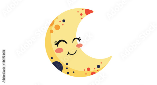 Cute smiling crescent moon character with pink cheeks and decorative patterns in the night sky for sweet dreams and nursery decor.