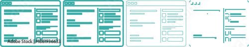 Teal wireframe website design with sample content on multiple pages