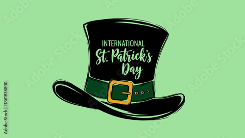 Stylish illustration of a St. Patrick's Day top hat on green background with festive text