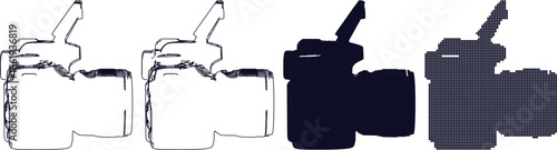 Various line art and halftone illustrations of walkie talkies in different styles and colors