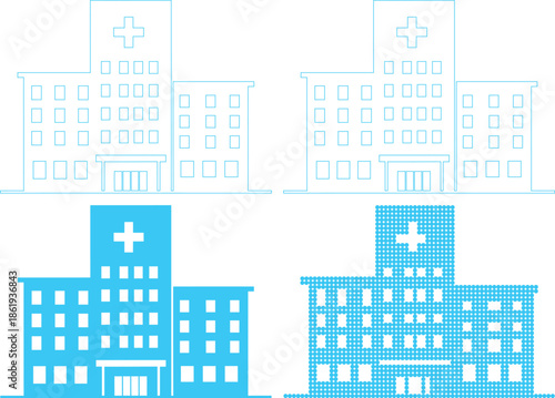 A collection of blue hospital building icons in different styles and designs