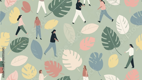A stylized pattern of diverse people walking among pastel-colored tropical leaves on a light green background, representing community and nature.