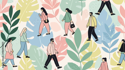 Diverse group of people walking against a vibrant background of colorful tropical leaves, illustrating community and movement.