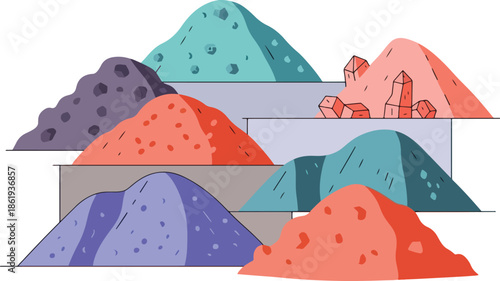 Stylized piles of various colored granular materials layered on stepped platforms