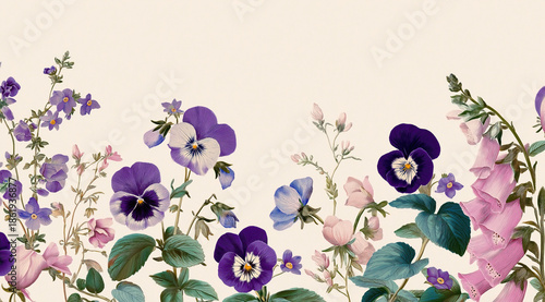 Vintage pansies and blossoms line bottom edge on beige background.