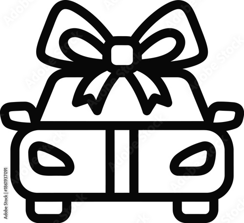 An elegant car icon with a large bow on its roof, symbolizing a grand gift
