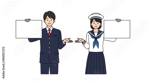 High school students in traditional navy blue uniforms standing side by side and holding blank white signs for announcements or messages.