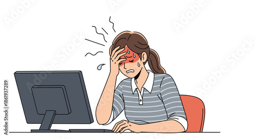 Stressed office worker suffering from a severe headache and fever while working on her computer at a desk in a white studio environment.