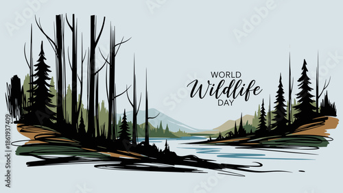 Scenic illustration of a river landscape with trees for World Wildlife Day in vibrant colors