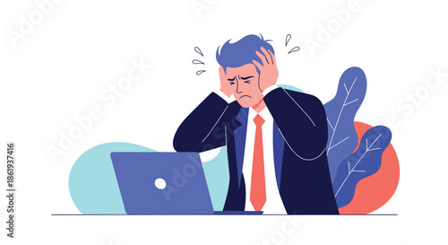 Stressed businessman sitting at a laptop computer and holding his head in despair while facing overwhelming work pressure and deadlines.