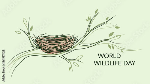 Nest on a branch illustration for World Wildlife Day with green background