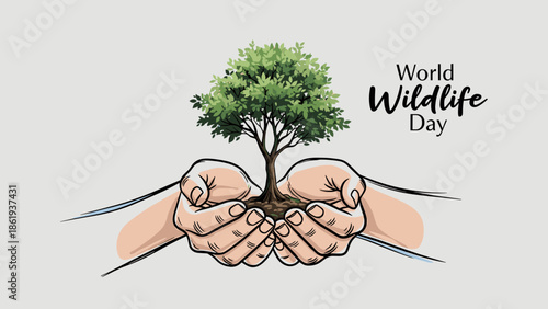 World Wildlife Day theme showcasing hands holding a young tree with eco-friendly message