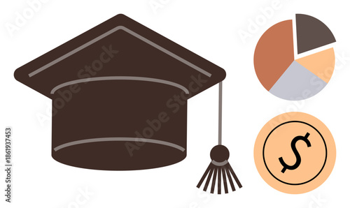 Graduation cap with tassel next to a pie chart and dollar sign circle. Ideal for education, budget planning, financial aid, school costs, career opportunity, scholarship, simple flat metaphor