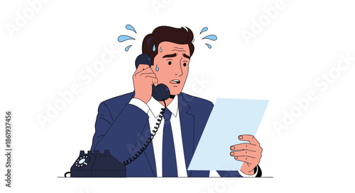 Stressed businessman sweating and looking worried while talking on a vintage telephone and reviewing important paper documents at his desk.