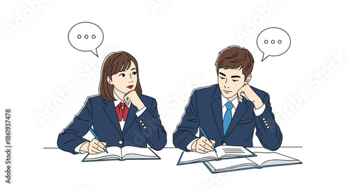 Male and female students in school uniforms sitting at desks, writing in their notebooks, and thinking deeply about their academic studies.