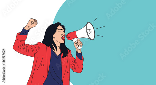 Passionate woman in a red jacket shouting into a megaphone and raising her fist in a gesture of protest, leadership, or announcement.