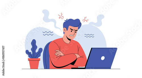 Angry man sitting at his laptop with arms crossed and steam coming from his head as a sign of extreme frustration and work stress.