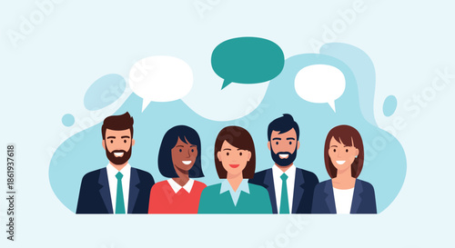 Diverse professional business team standing together with empty speech bubbles for collaboration, communication, and message sharing.