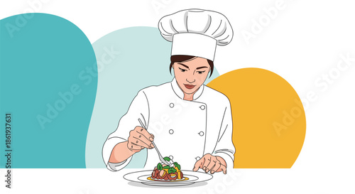 Professional female chef in a white uniform carefully plating a gourmet dish in a restaurant kitchen against a colorful background.