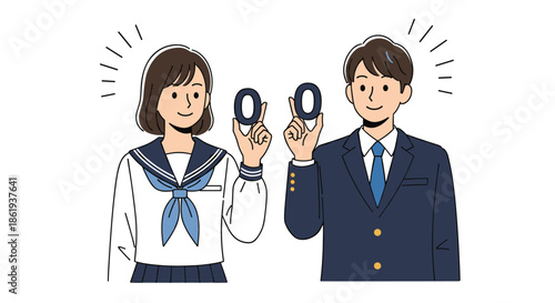 Male and female students in school uniforms holding up zero shapes with their hands to symbolize scores or a perfect result.
