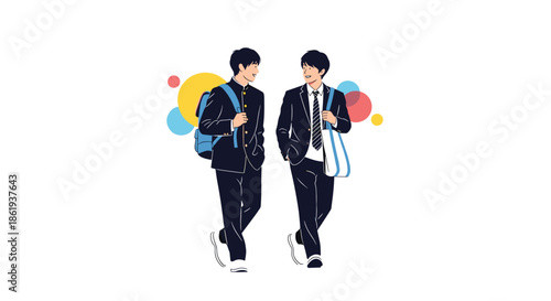 Two high school boys in school uniforms walking together and having a friendly conversation on their way to or from school.