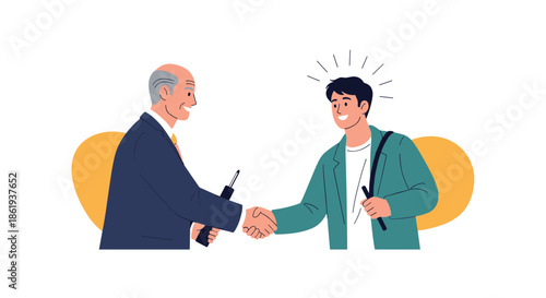 Senior professional businessman shaking hands with a young male student or job candidate for an agreement or successful interview.