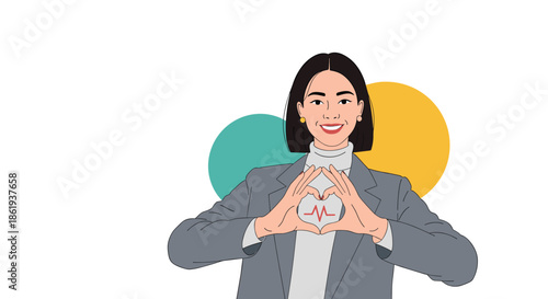 Smiling young woman in a grey suit making a heart shape with her hands over a pulse icon, symbolizing health and love.
