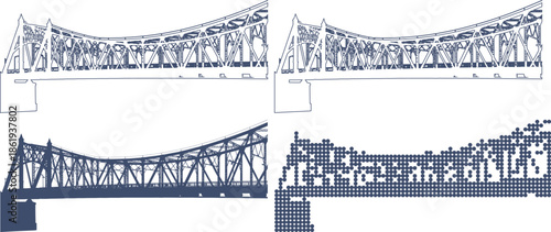 Four different illustrations of a steel bridge in various design styles and techniques used