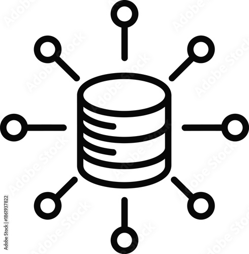 Centralized database server icon with distributed data network connections