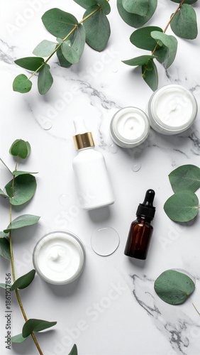 skincare products flat lay on marble surface, serum 