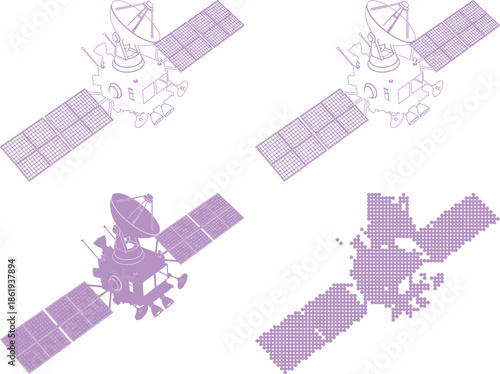 Four different purple satellite illustrations with solar panels and antennae in various styles