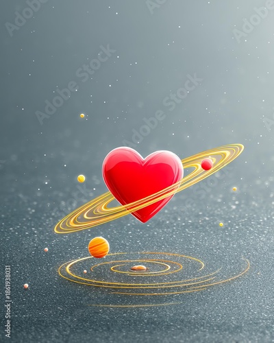 Heart floating in space scene concept, A heart surrounded by cosmic planets, symbolizing love and unity.