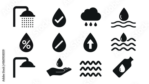 Water Conservation and Hygiene Line Icons - Black Vector Symbols for Shower Systems, Rainwater Harvesting, and Humidity Control