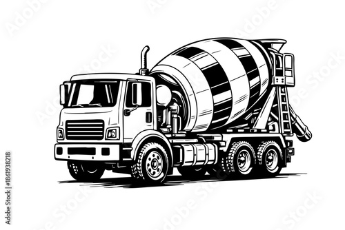 Compact concrete mixer truck with simplified industrial design, three-quarter side view