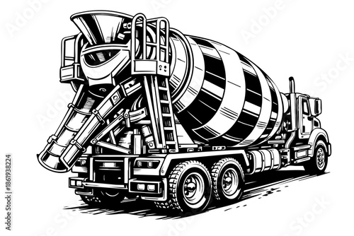 Close-up perspective concrete mixer truck focusing on mixing drum