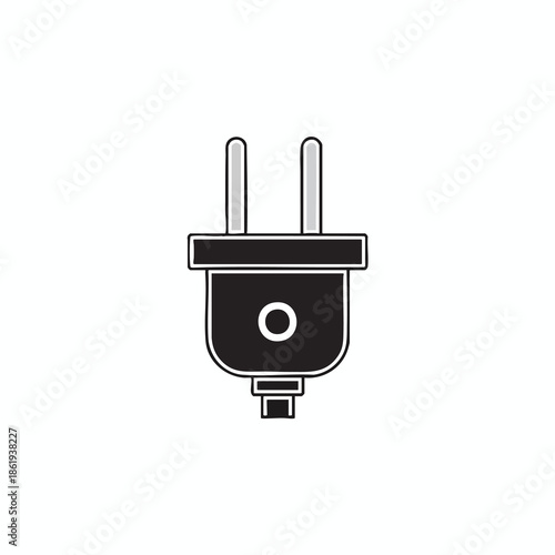 Black and white graphic of an electrical plug with two prongs and a rounded body