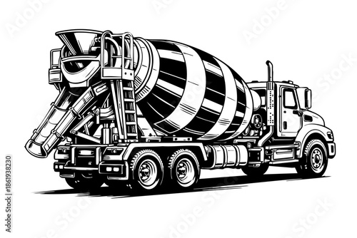 Rear three-quarter angle of a concrete mixer truck with chute and ladder visible