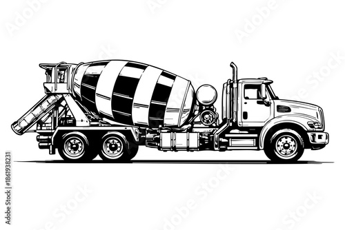 Side profile concrete mixer truck with large mixing drum and discharge chute