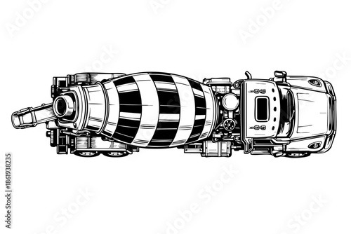 Top-down view of a concrete mixer truck showing drum