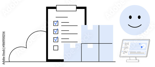 Warehouse operations, customer satisfaction, shipping processes, logistical planning, online order fulfillment, productivity tools. Clipboard with checklist, boxes smiling face and cloud. Warehouse